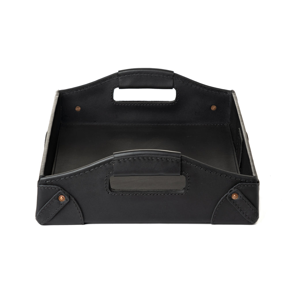 Grandfather Serving Tray in Black leather, end view looking down the length between both handles