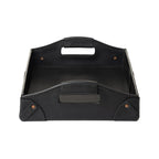 Grandfather Serving Tray in Black leather, end view looking down the length between both handles