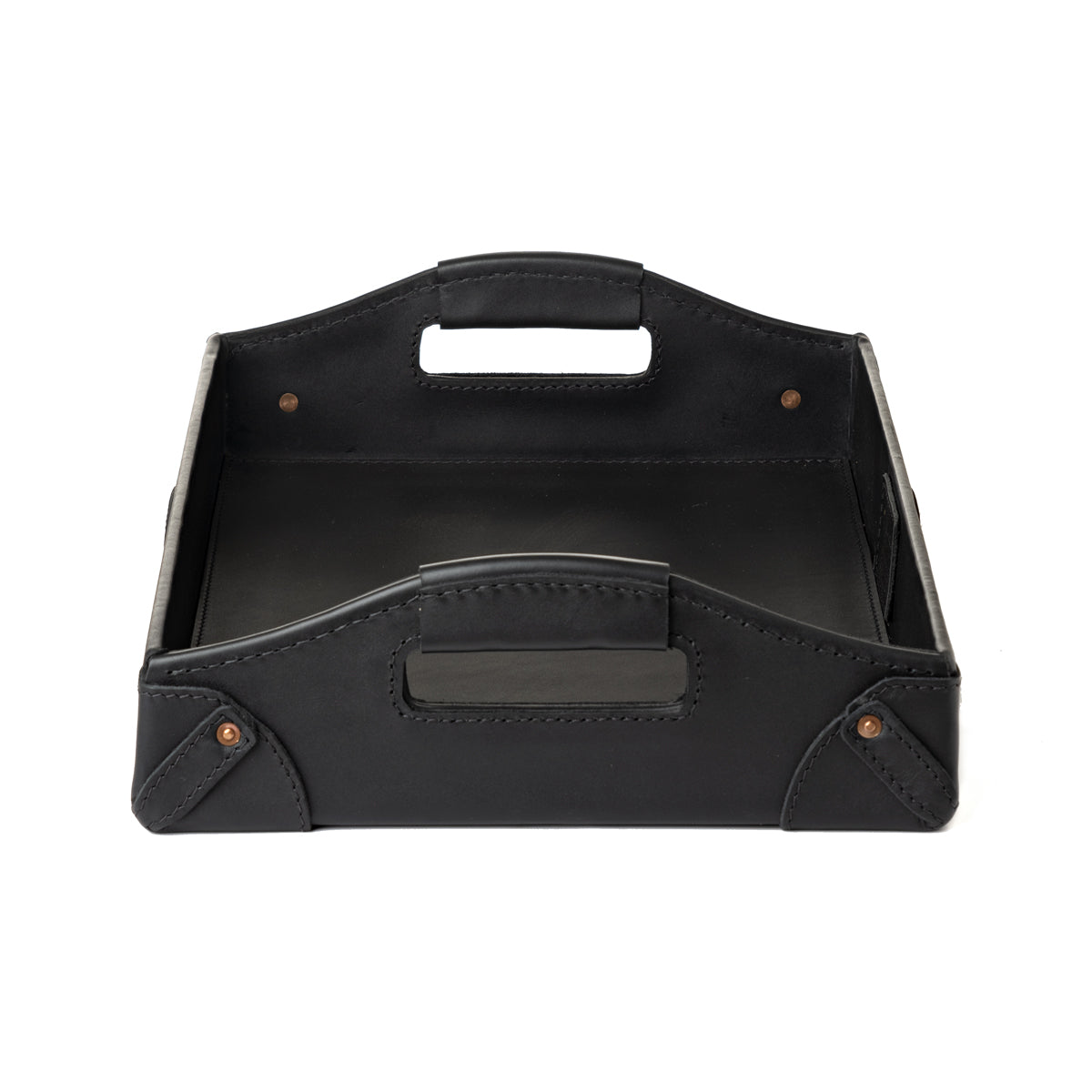 Grandfather Serving Tray in Black leather, end view looking down the length between both handles