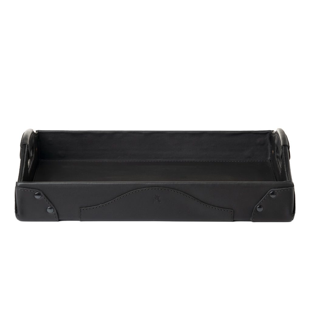 Grandfather Serving Tray in Black leather, front side view showing handles and riveted corners