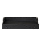 Grandfather Serving Tray in Black leather, front side view showing handles and riveted corners