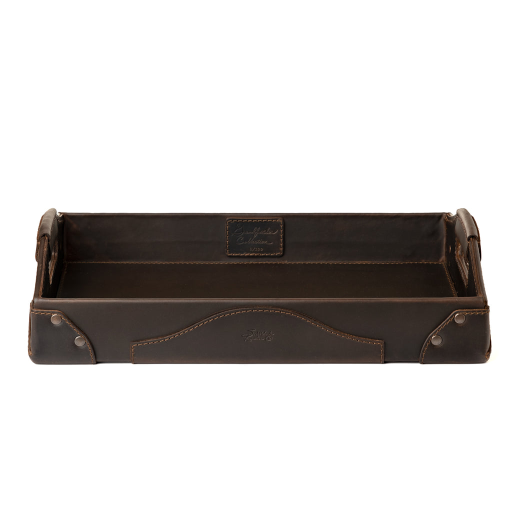 Grandfather Serving Tray in Dark Coffee Brown, front view showing collection patch inside, embossed logo and handles