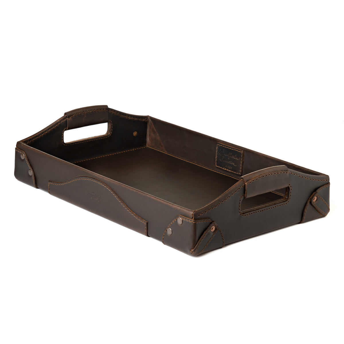 Grandfather Serving Tray in Dark Coffee Brown leather, angled view with cut-out carry handles and riveted corners
