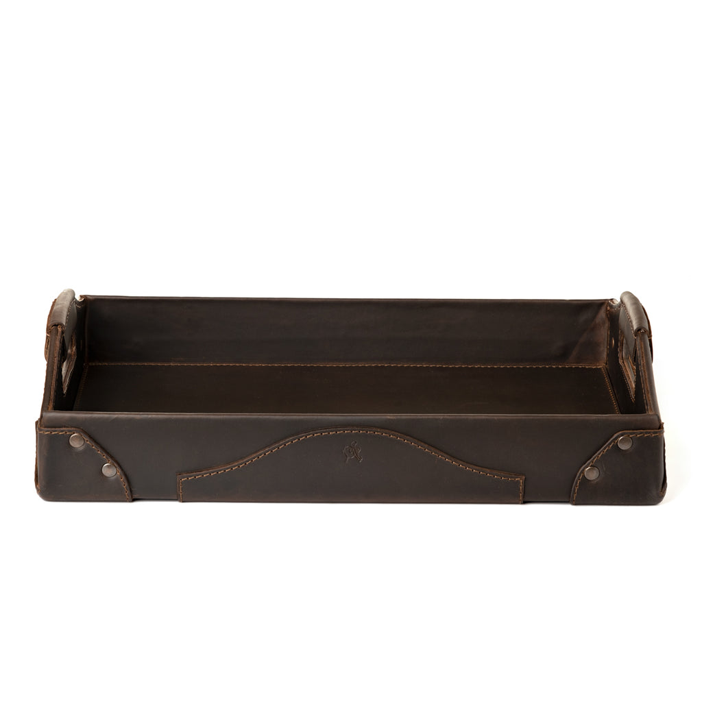 Grandfather Serving Tray in Dark Coffee Brown leather, front side view showing handles and riveted corners