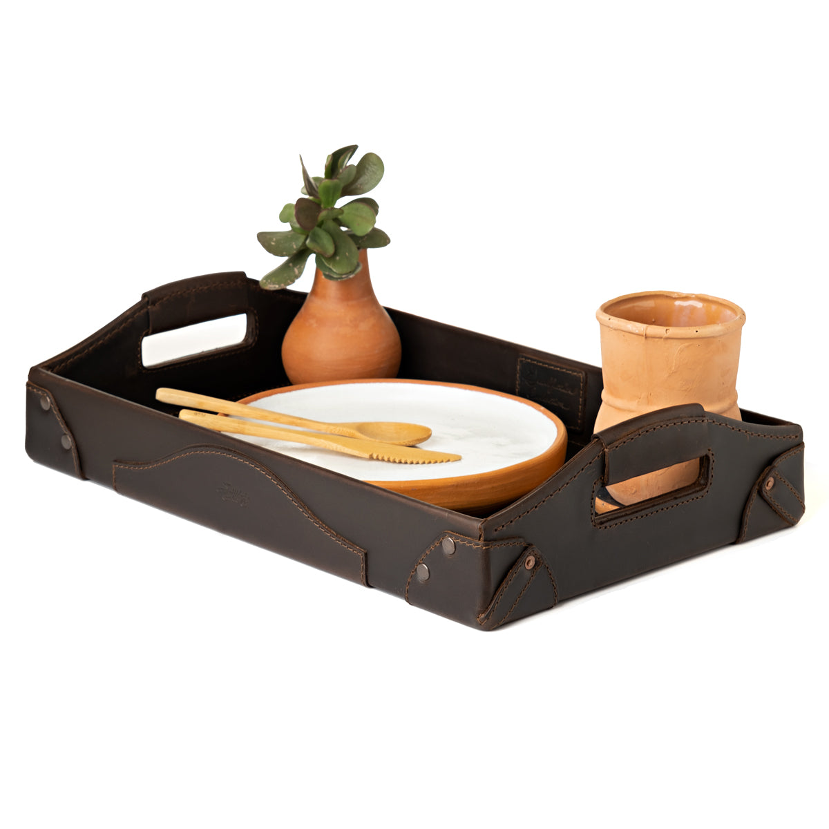 Grandfather Serving Tray in Dark Coffee Brown holding a plate, wooden utensils, a terracotta cup and a potted succulent