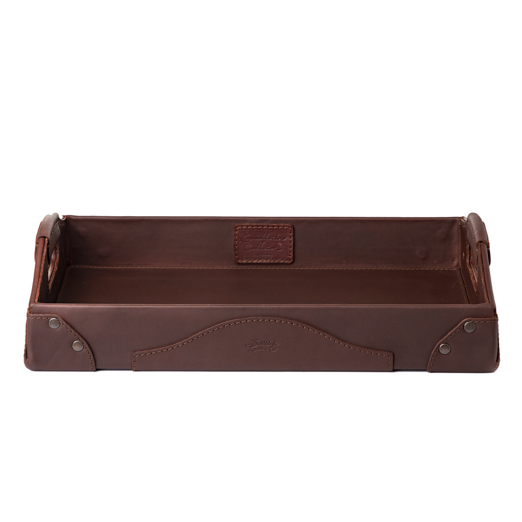 Grandfather Serving Tray in Chestnut leather, front view showing collection patch inside, embossed logo and handles