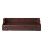 Grandfather Serving Tray in Chestnut leather, front view showing collection patch inside, embossed logo and handles