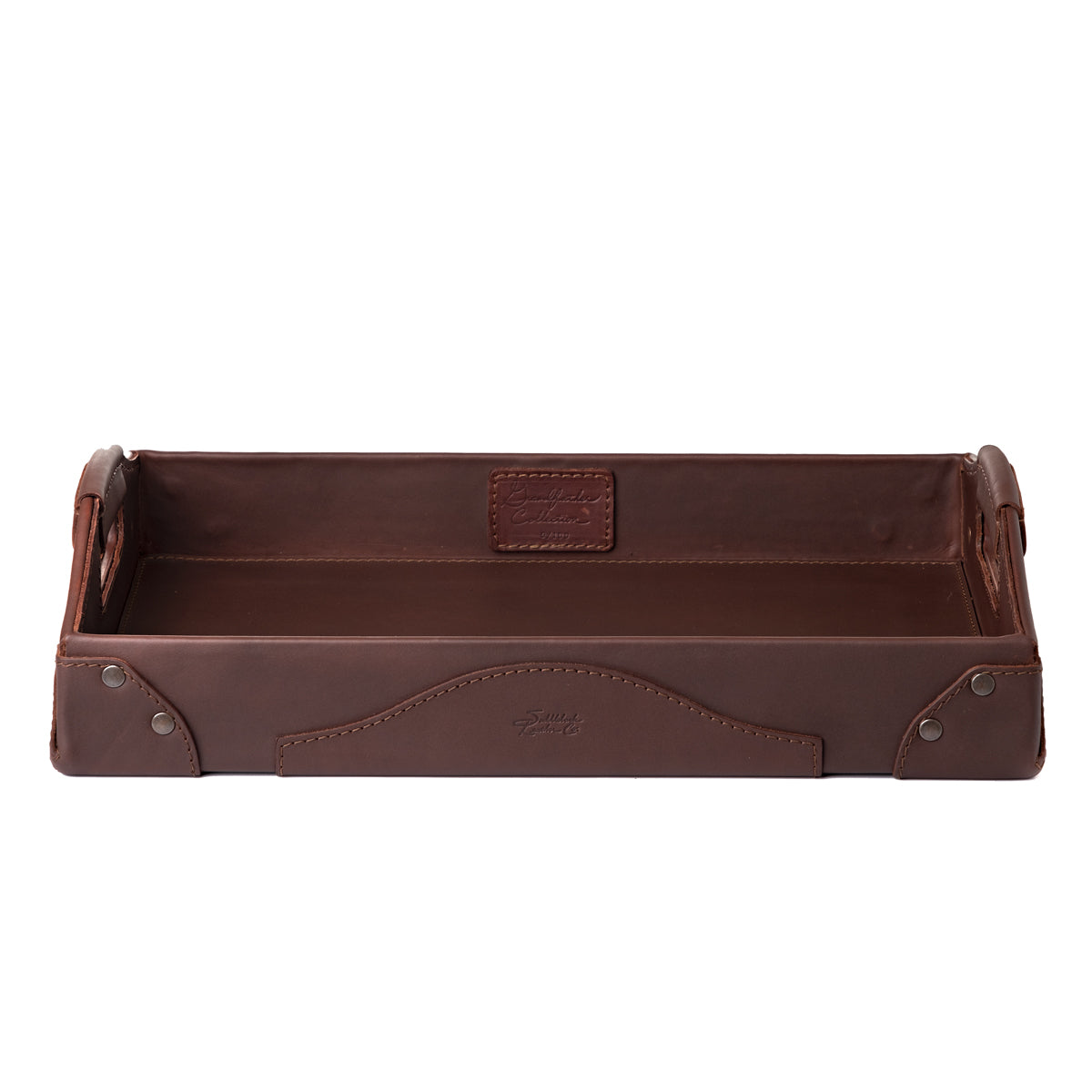 Grandfather Serving Tray in Chestnut leather, front view showing collection patch inside, embossed logo and handles