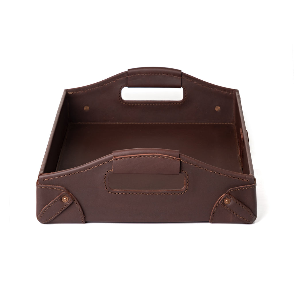 Grandfather Serving Tray in Chestnut leather, end view looking down the length between both handles