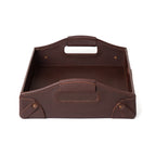 Grandfather Serving Tray in Chestnut leather, end view looking down the length between both handles