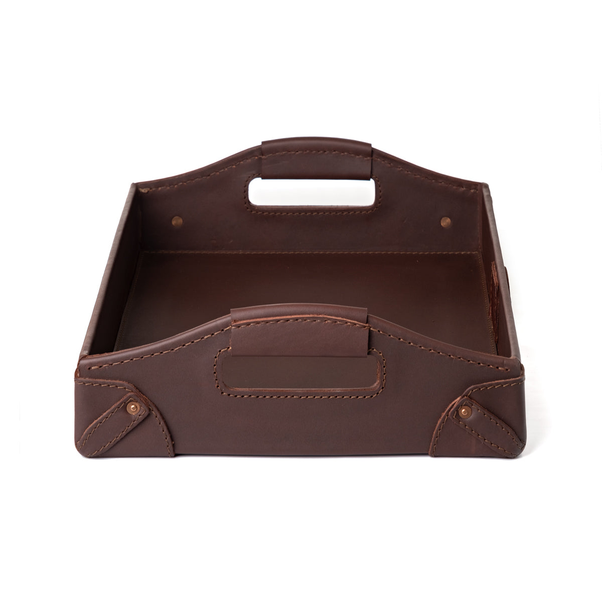 Grandfather Serving Tray in Chestnut leather, end view looking down the length between both handles