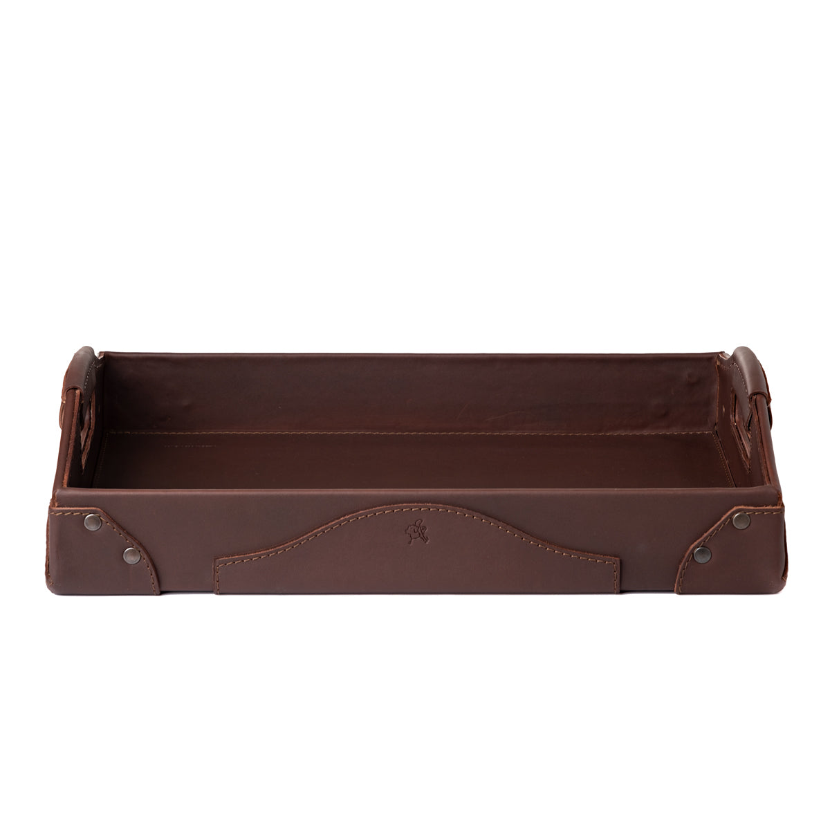 Grandfather Serving Tray in Chestnut leather, front side view showing handles and riveted corners