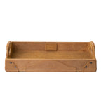 Grandfather Serving Tray in Tobacco leather, front view showing collection patch inside, embossed logo and handles