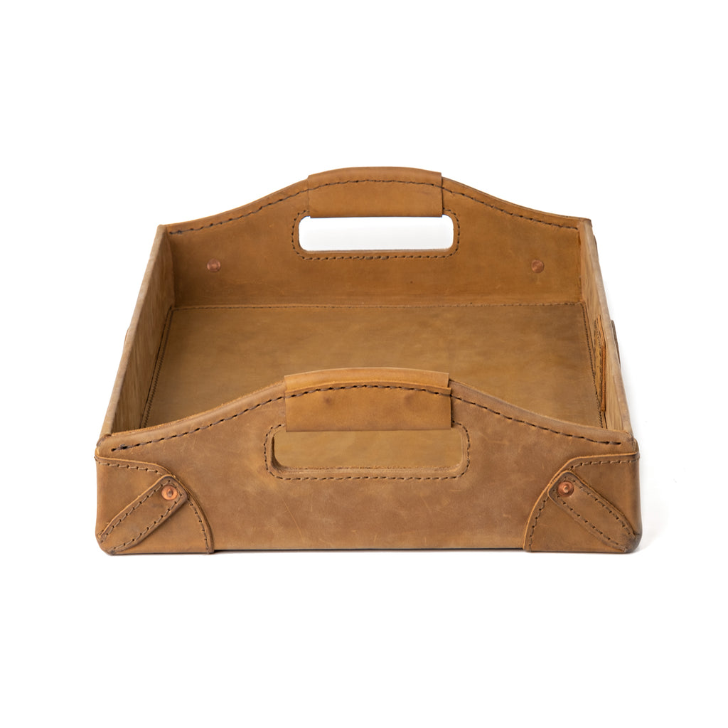 Grandfather Serving Tray in Tobacco leather, end view looking down the length between both handles