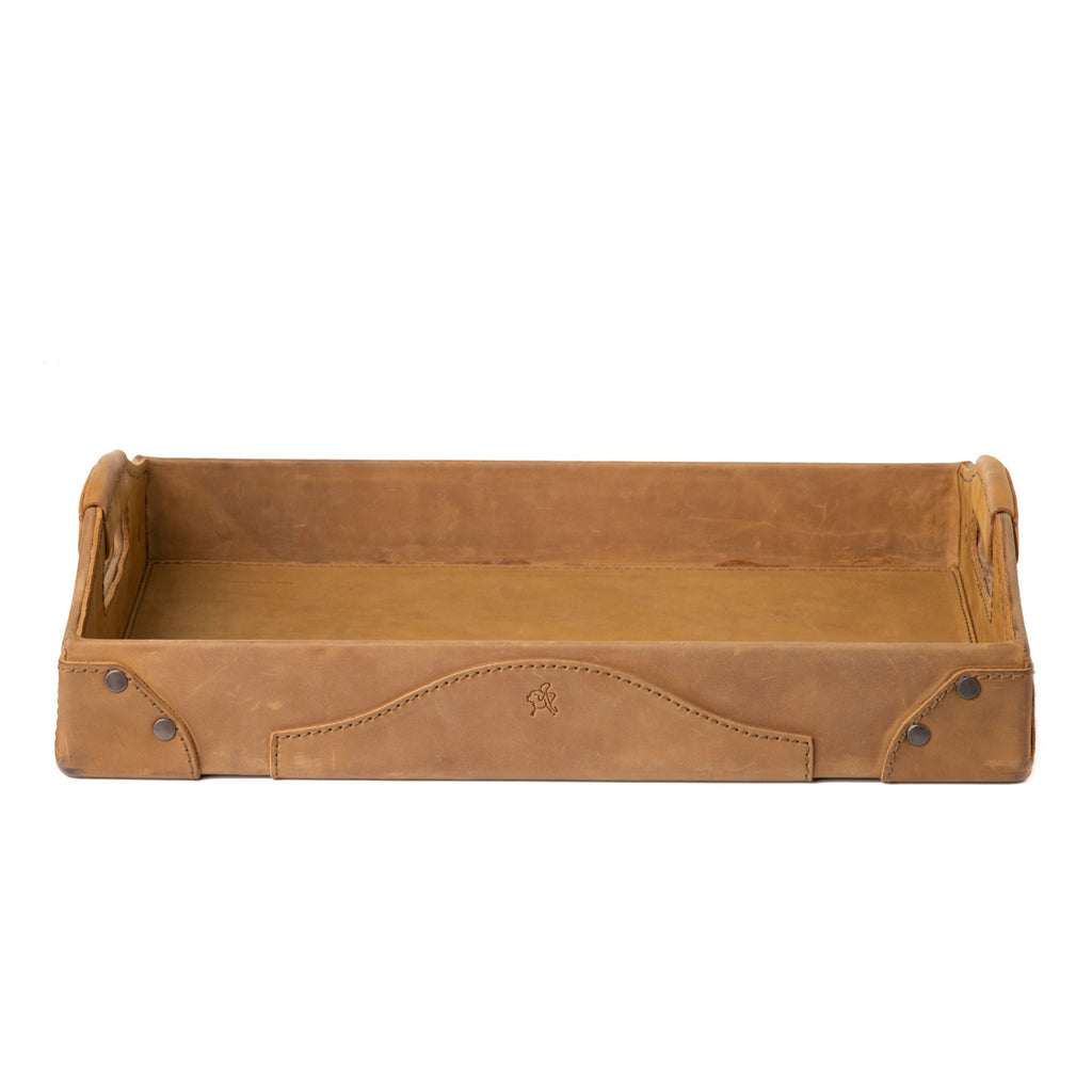 Grandfather Serving Tray in Tobacco leather, front side view showing handles and riveted corners