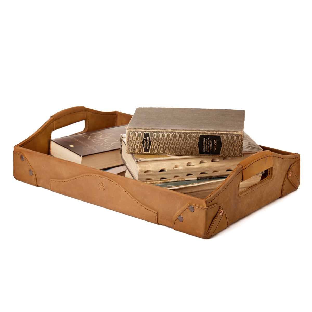 Grandfather Serving Tray in Tobacco leather holding a stack of old hardcover books