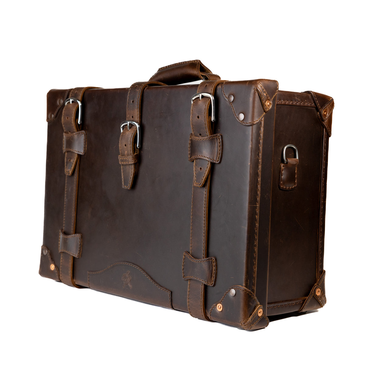 Grandfather Carry On in Dark Coffee Brown, angled front view with buckle straps and side strap ring