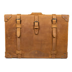 Grandfather Suitcase in Tobacco, front view with three buckle straps and riveted corner caps
