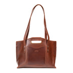 Urban Leather Tote in Chestnut, front view with shoulder handles, cutout grip and embossed front slip pocket