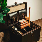 Leather Small Trunk in Dark Coffee Brown, open and filled with leather-bound books, a pocket watch and a baseball bat