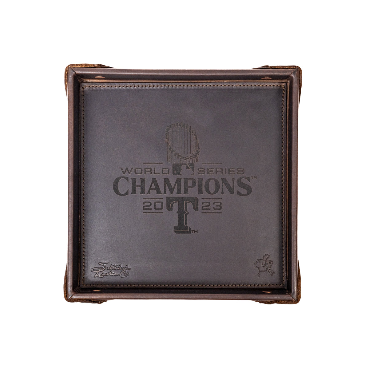 Leather Valet Tray - Texas Rangers World Series in Dark Coffee Brown, top view engraved World Series Champions 2023