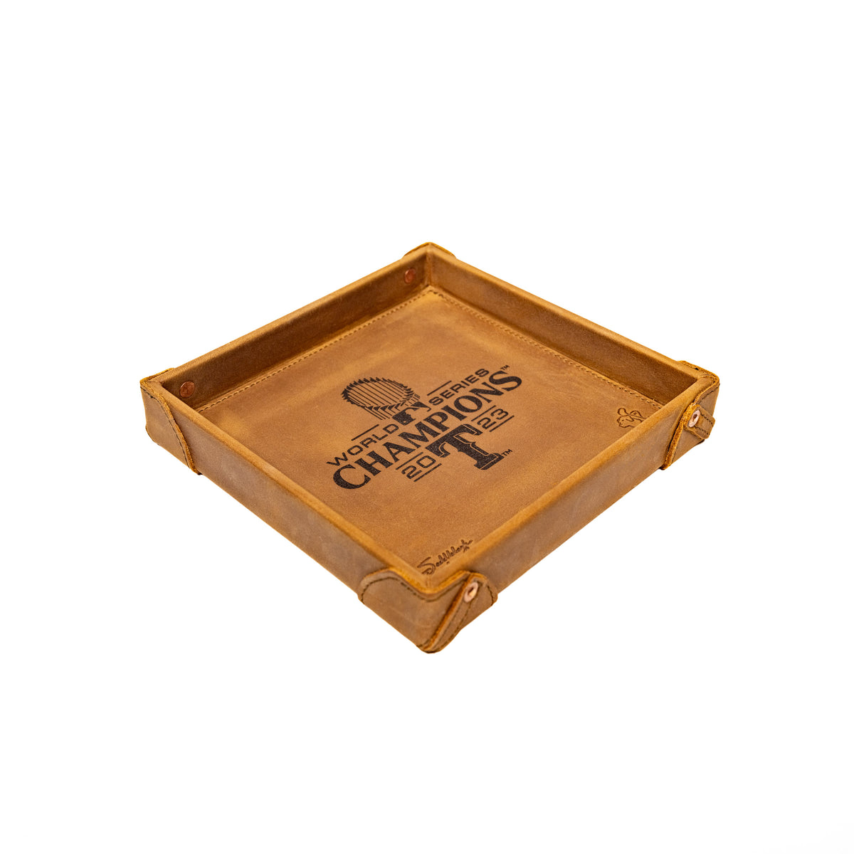Leather Valet Tray - Texas Rangers World Series in Tobacco, angled view with riveted corners and engraving