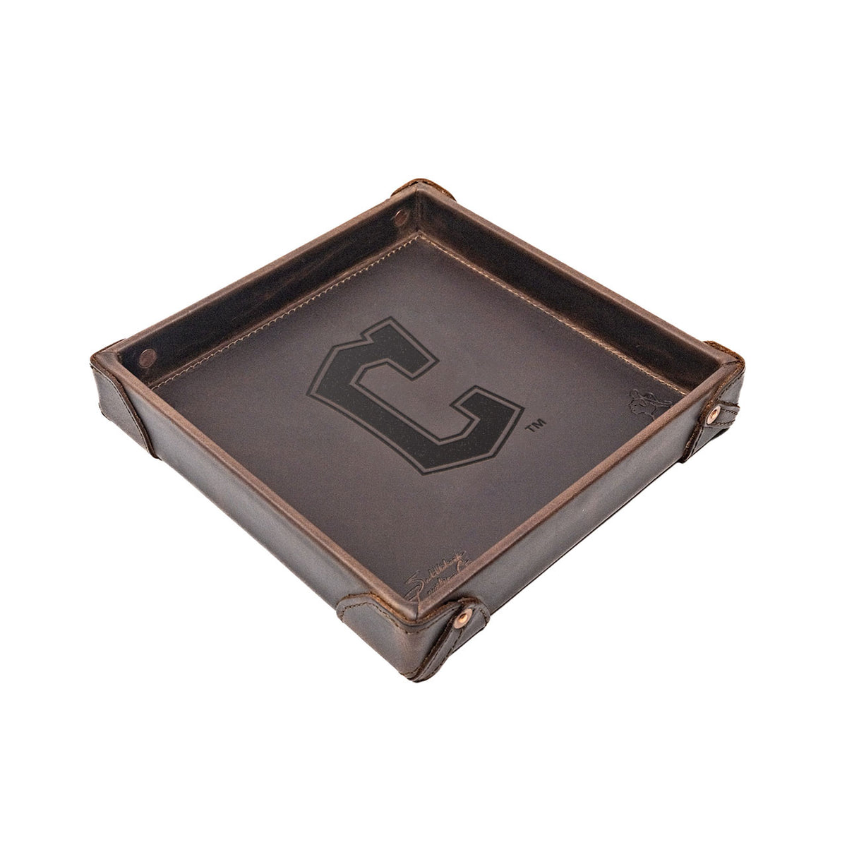 Cleveland Guardians Leather Valet Tray in Dark Coffee Brown with riveted corners and embossed C logo