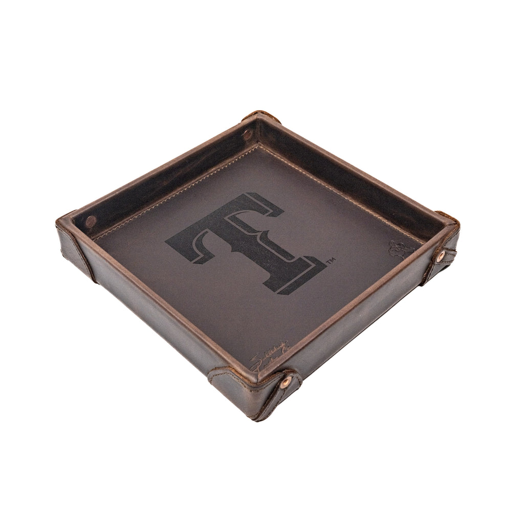 Texas Rangers Leather Valet Tray in Dark Coffee Brown with riveted corners and embossed T logo, angled view