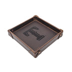 Texas Rangers Leather Valet Tray in Dark Coffee Brown with riveted corners and embossed T logo, angled view