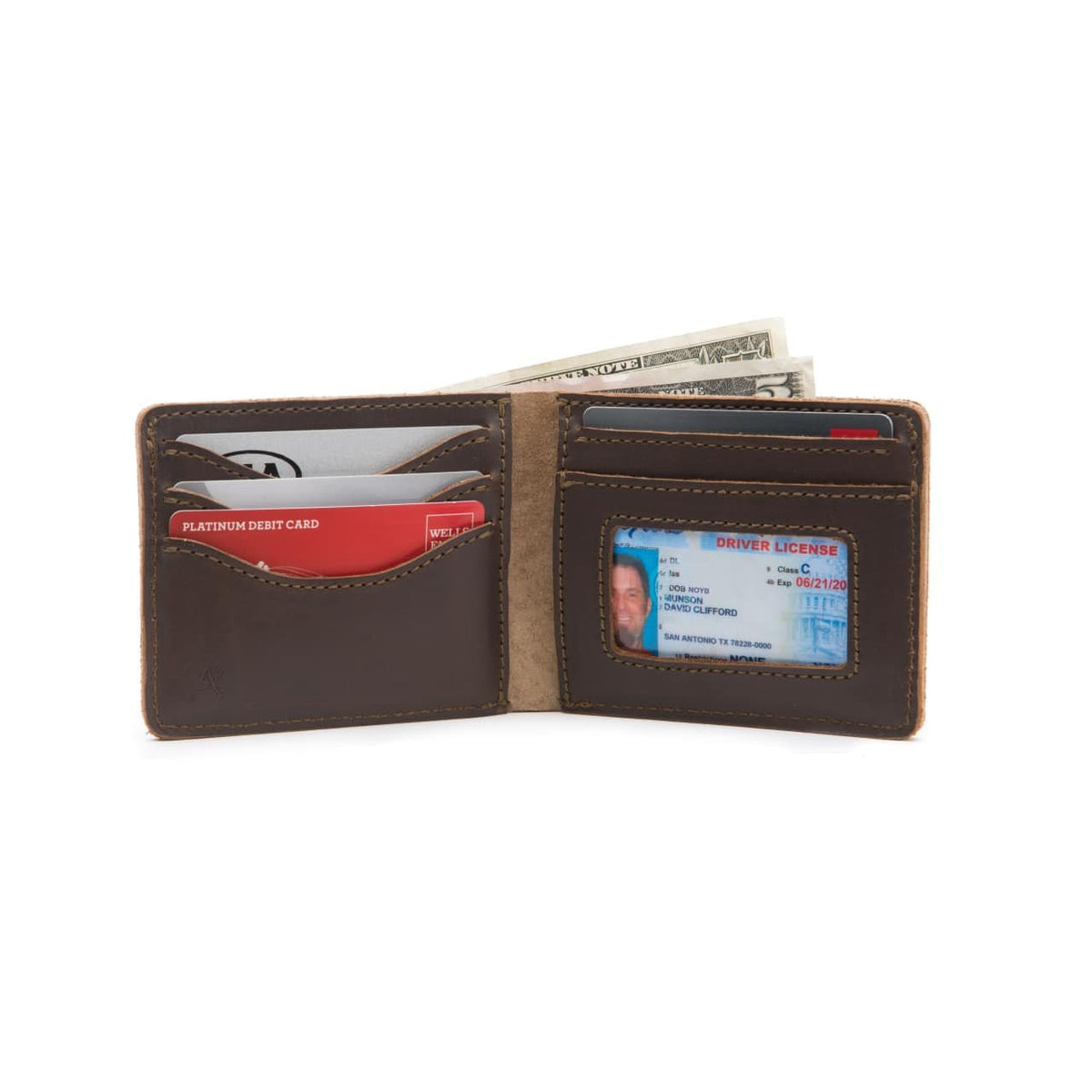 Atlanta Braves Leather Bifold Wallet in Dark Coffee Brown opened to show card slots, ID window and cash