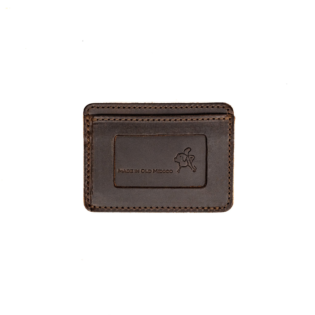 Front Pocket Leather ID Wallet in Dark Coffee Brown, back view with stamped Made in Old Mexico panel and emblem