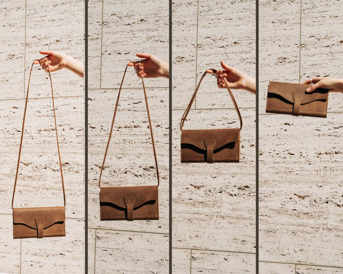 On The Go Leather Wallet in Tobacco held up four ways to show the strap at different lengths and as a clutch