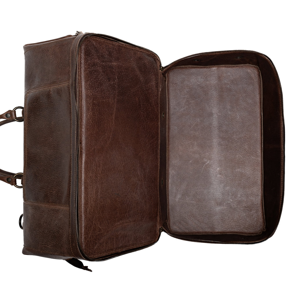 Two Compartment Duffle in Dark Coffee Brown, empty bottom shoe compartment unzipped and opened flat