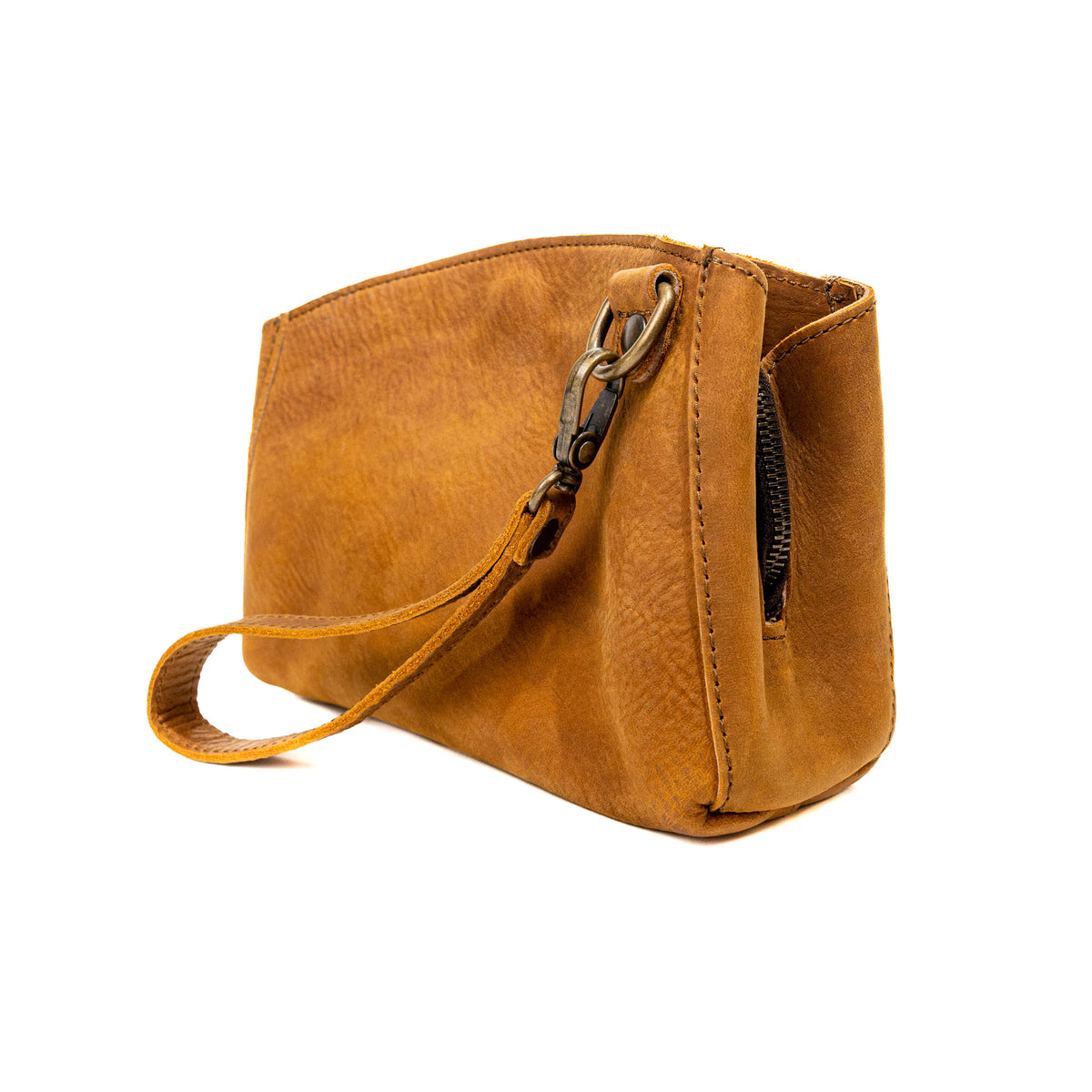 Leather Organizer Clutch in Tobacco, angled view showing depth, wrist strap clip and side zipper