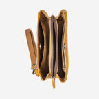 Leather Organizer Clutch in Tobacco, top-down open view showing interior compartments and center zip pocket