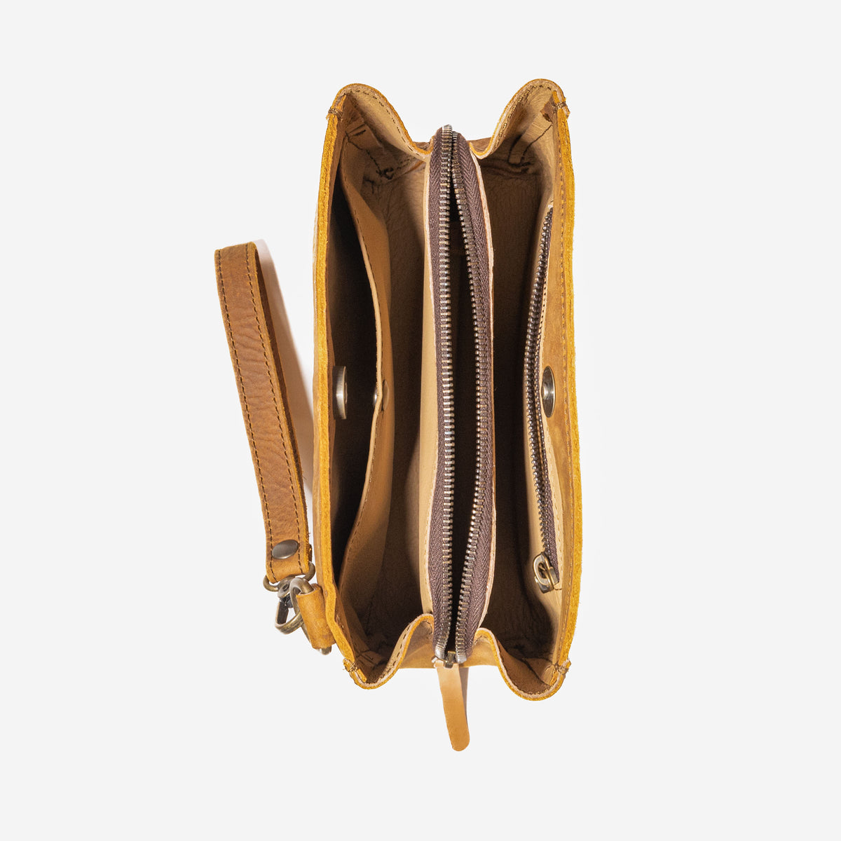 Leather Organizer Clutch in Tobacco, top-down open view showing interior compartments and center zip pocket