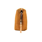 Leather Organizer Clutch in Tobacco, side view showing the zipper and leather pull tab