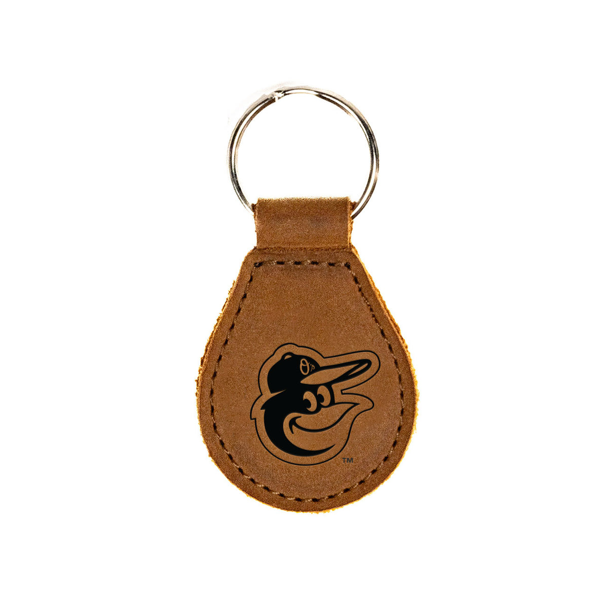 Baltimore Orioles Leather Keychain in Tobacco with bird logo and silver key ring, front view