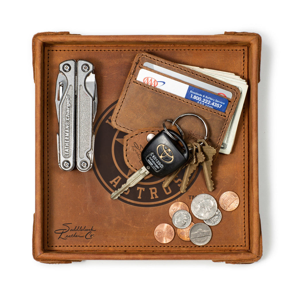 Houston Astros Leather Valet Tray in Tobacco, top-down view holding a multi-tool, card wallet, keys and coins