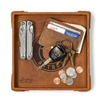 Houston Astros Leather Valet Tray in Tobacco, top-down view holding a multi-tool, card wallet, keys and coins