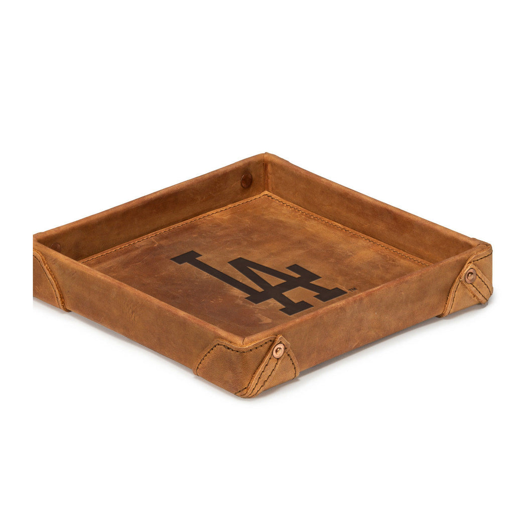 Los Angeles Dodgers Leather Valet Tray in Tobacco with riveted corners and embossed LA logo