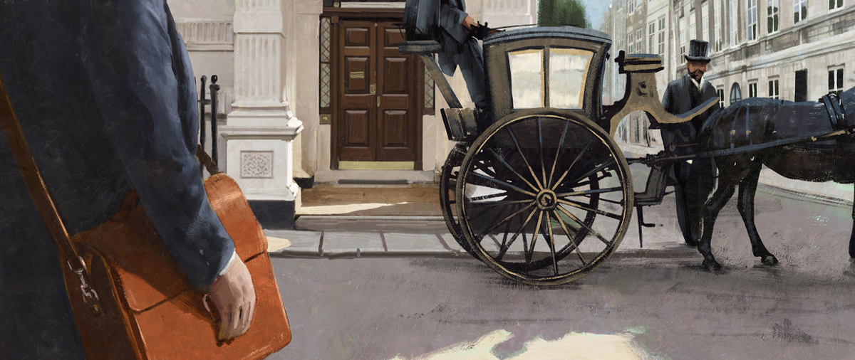 Painting of a man carrying a brown leather Livingstone briefcase on a city street beside a horse-drawn carriage