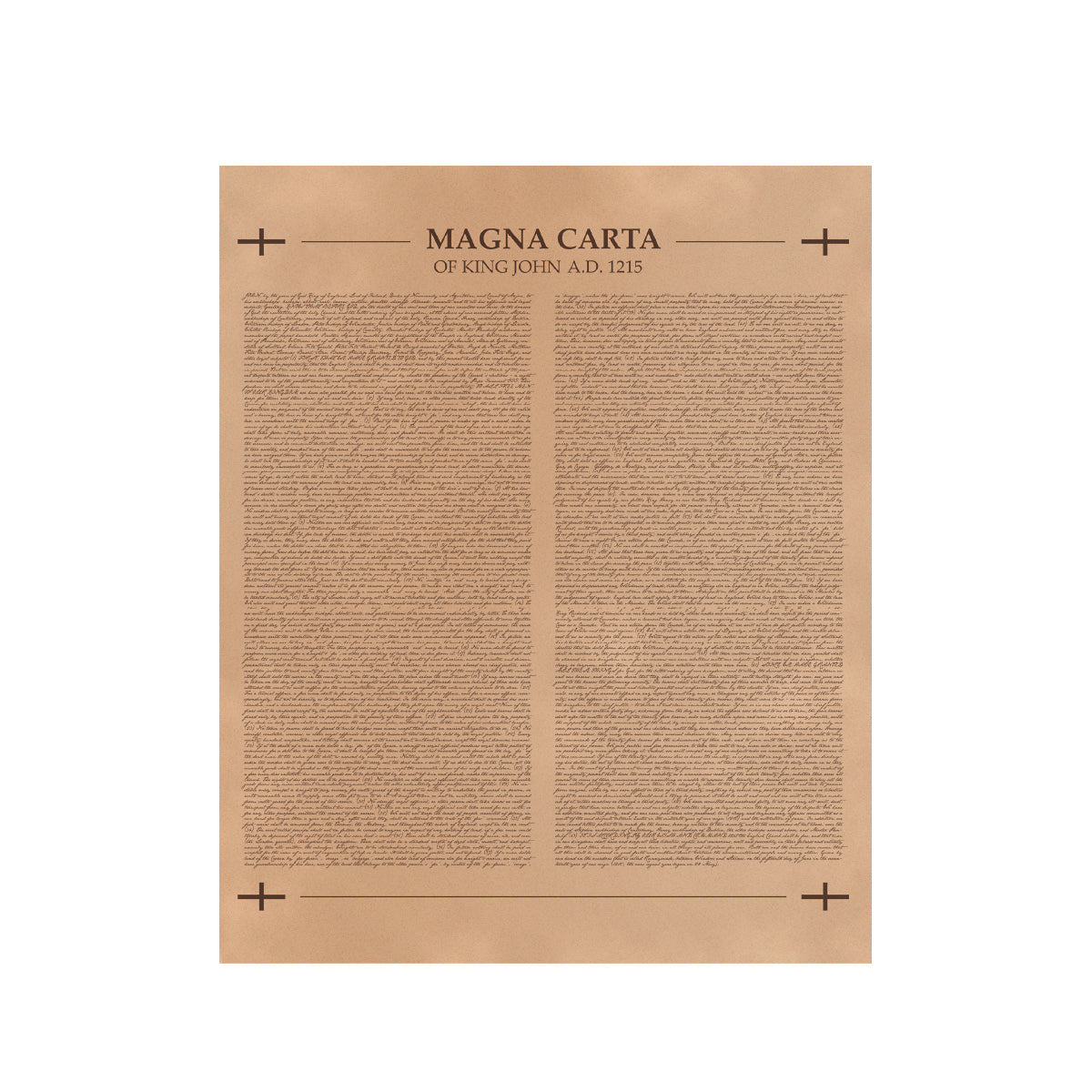 Leather Magna Carta - Natural, front view of the two-column text printed on tan leather, unframed
