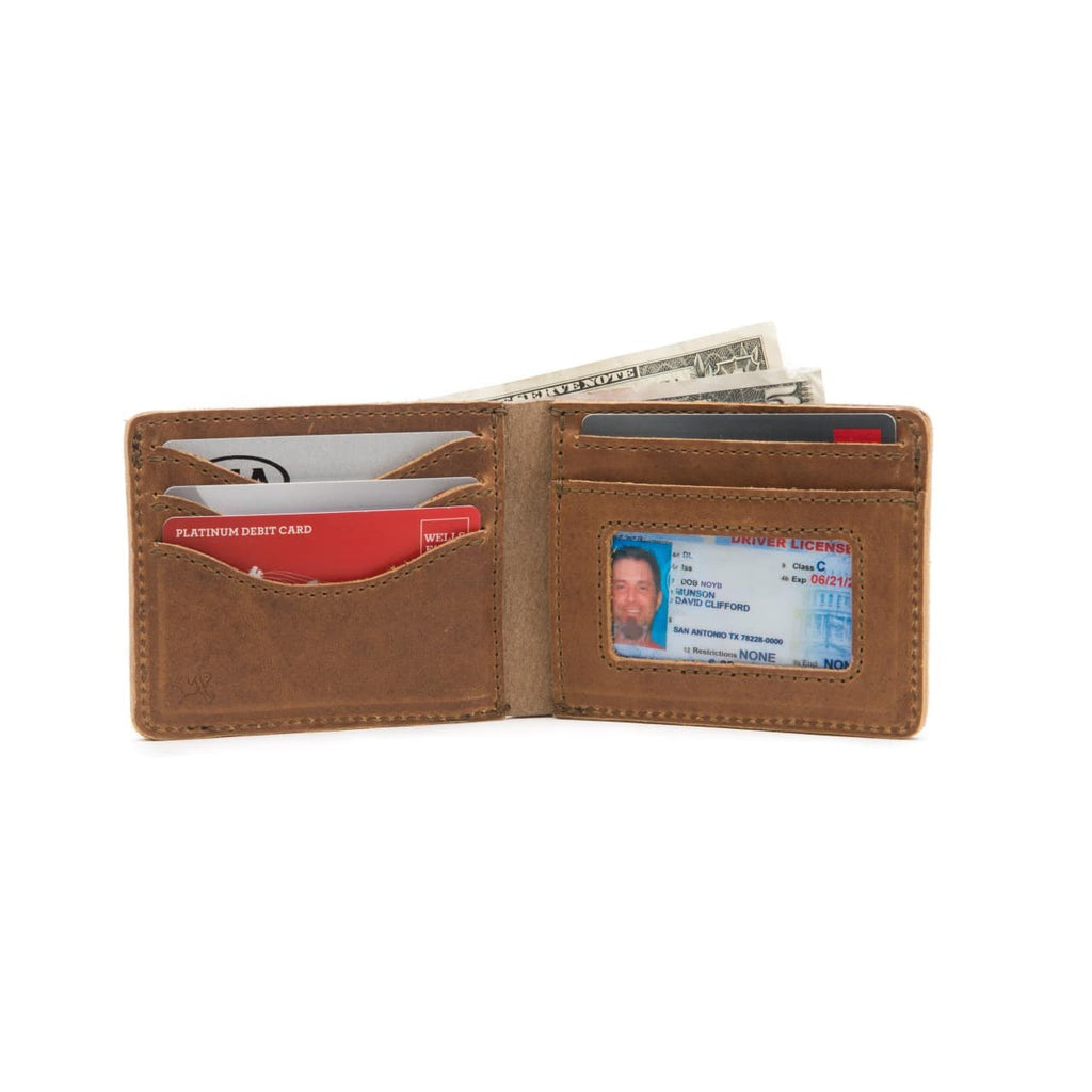 Atlanta Braves Leather Bifold Wallet in Tobacco opened to show card slots, ID window and cash