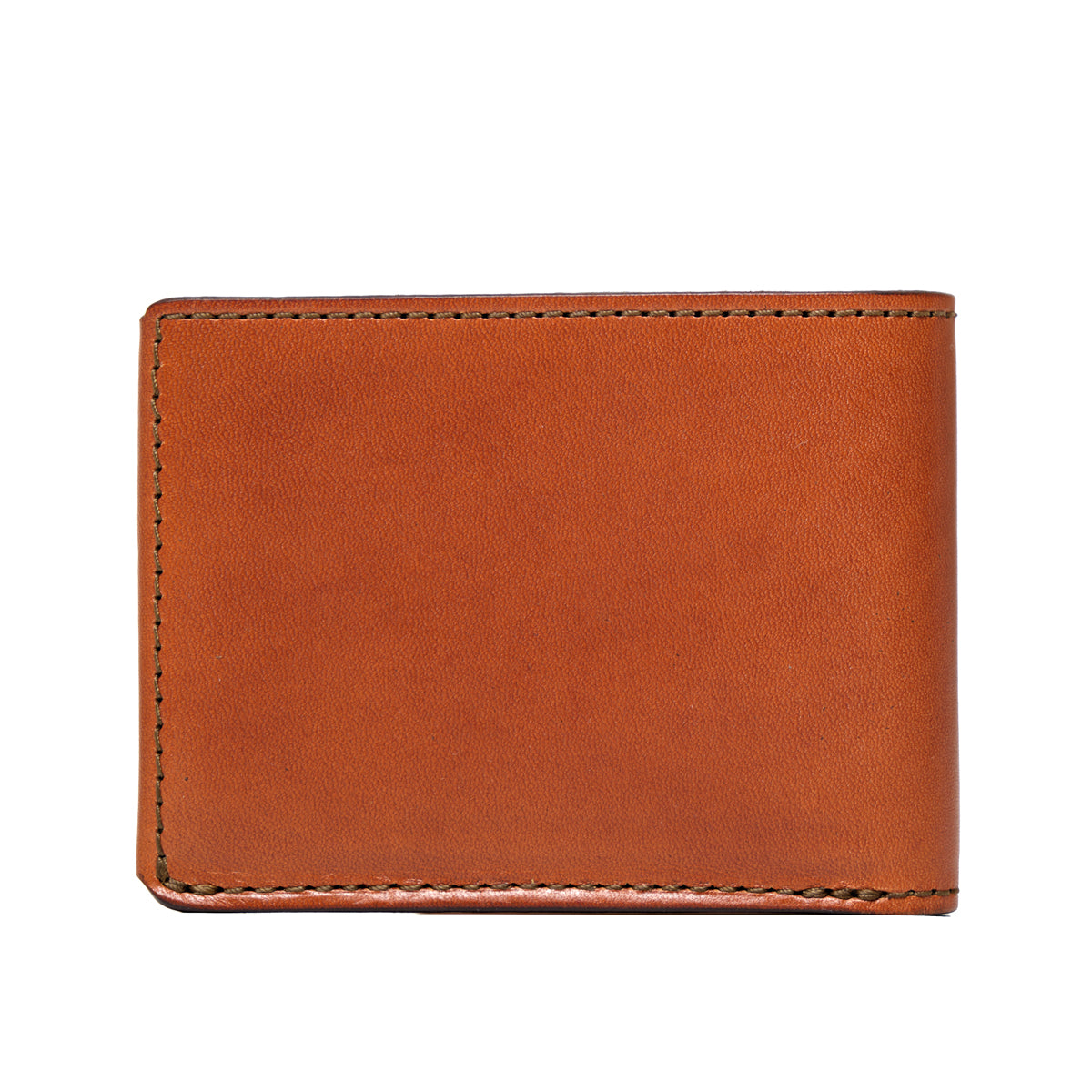 William Penn Bifold Wallet in English Tan, closed back view with stitched edges
