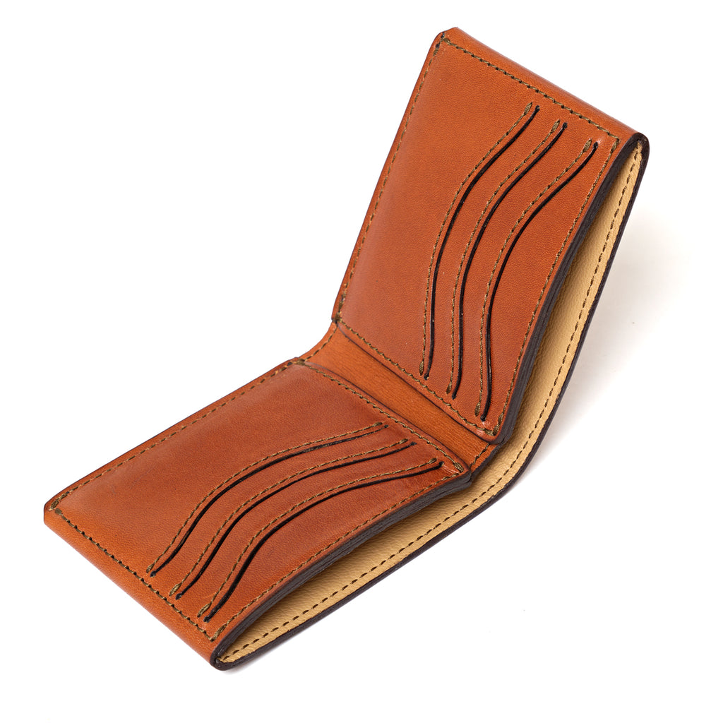 William Penn Bifold Wallet in English Tan, open view showing the curved interior card slots