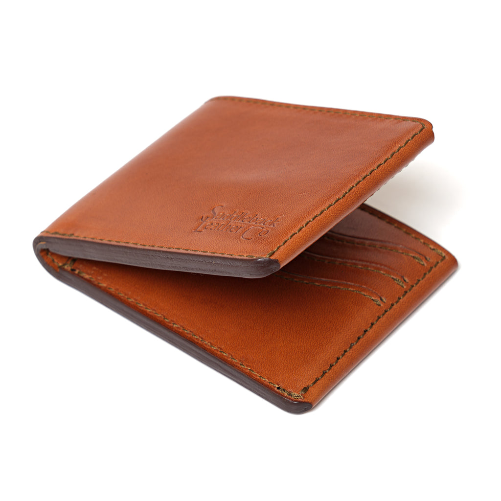 William Penn Bifold Wallet in English Tan, partly open side view showing the stitched edges