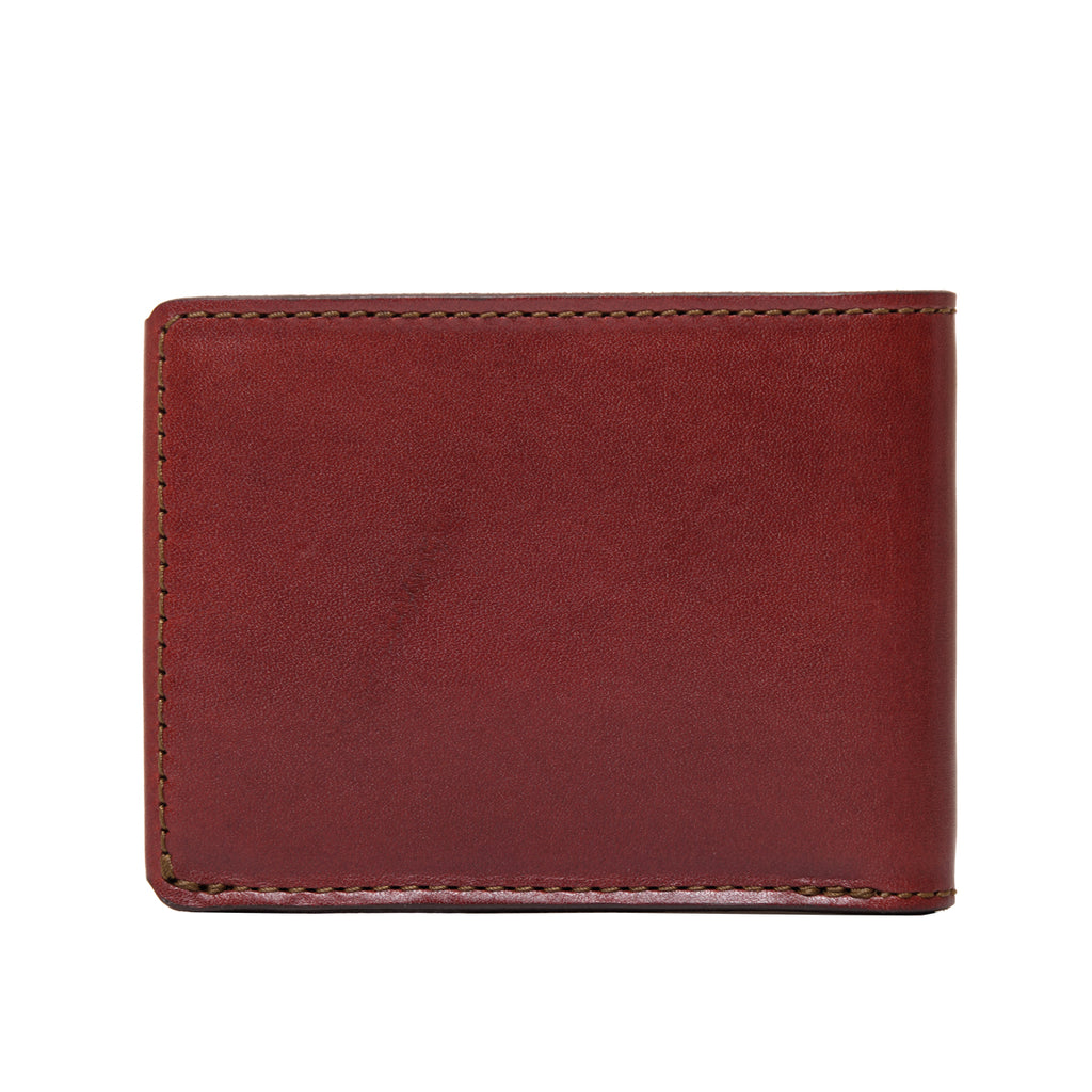 William Penn Bifold Wallet in Oxblood, closed back view with stitched edges