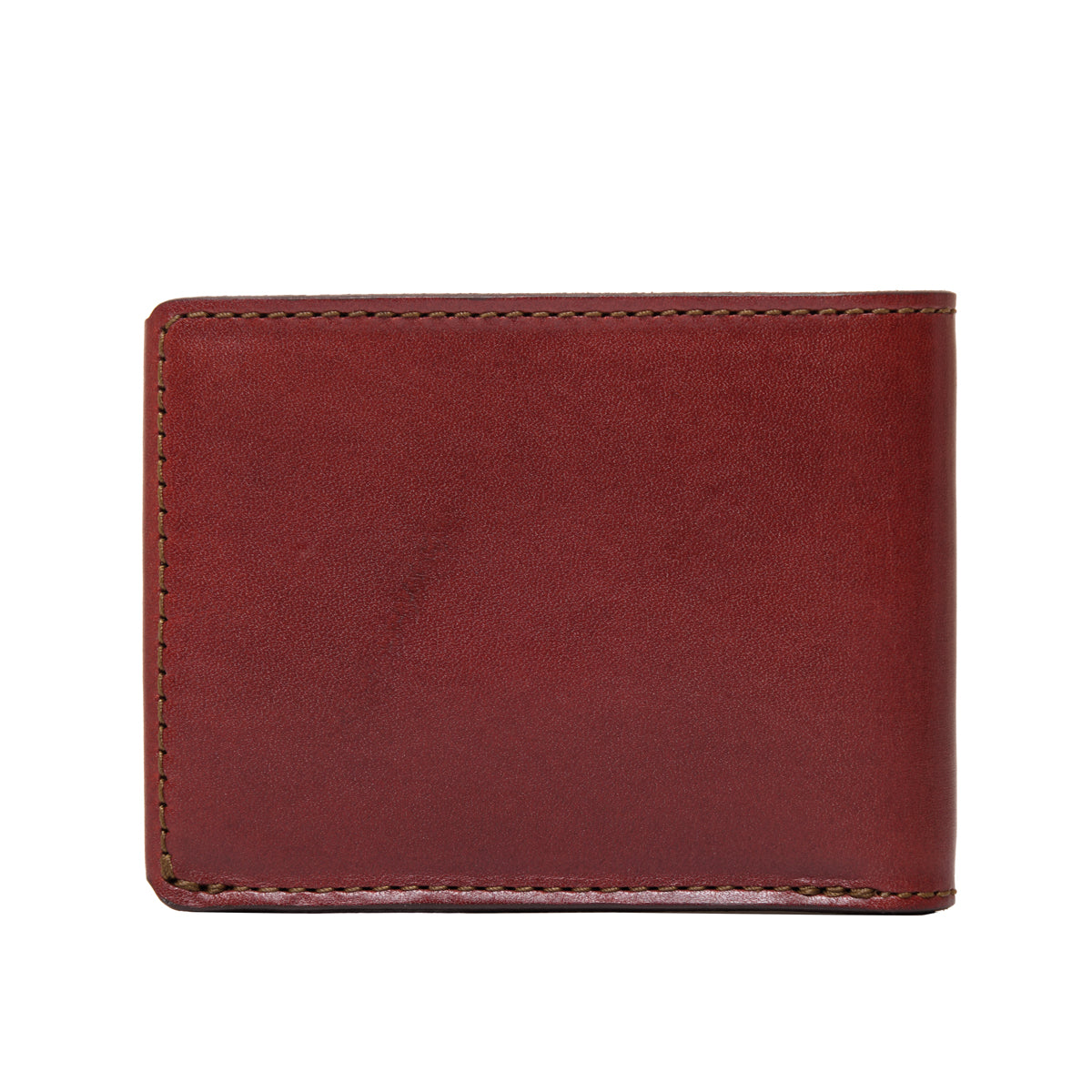 William Penn Bifold Wallet in Oxblood, closed back view with stitched edges