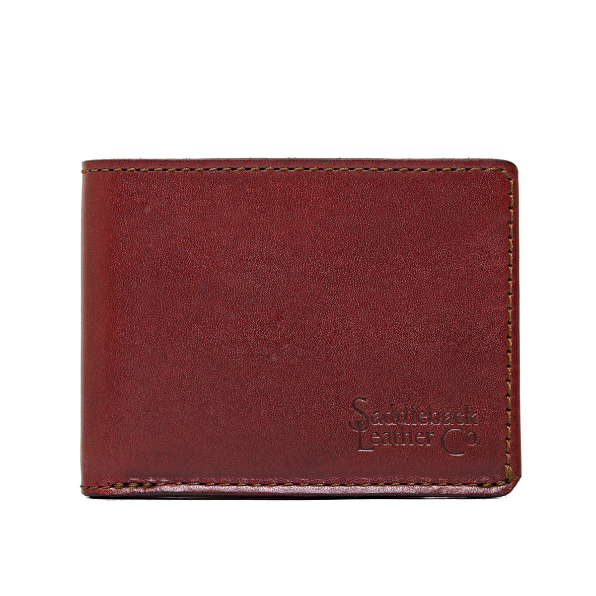 William Penn Bifold Wallet in Oxblood, closed front view with debossed Saddleback Leather Co. logo
